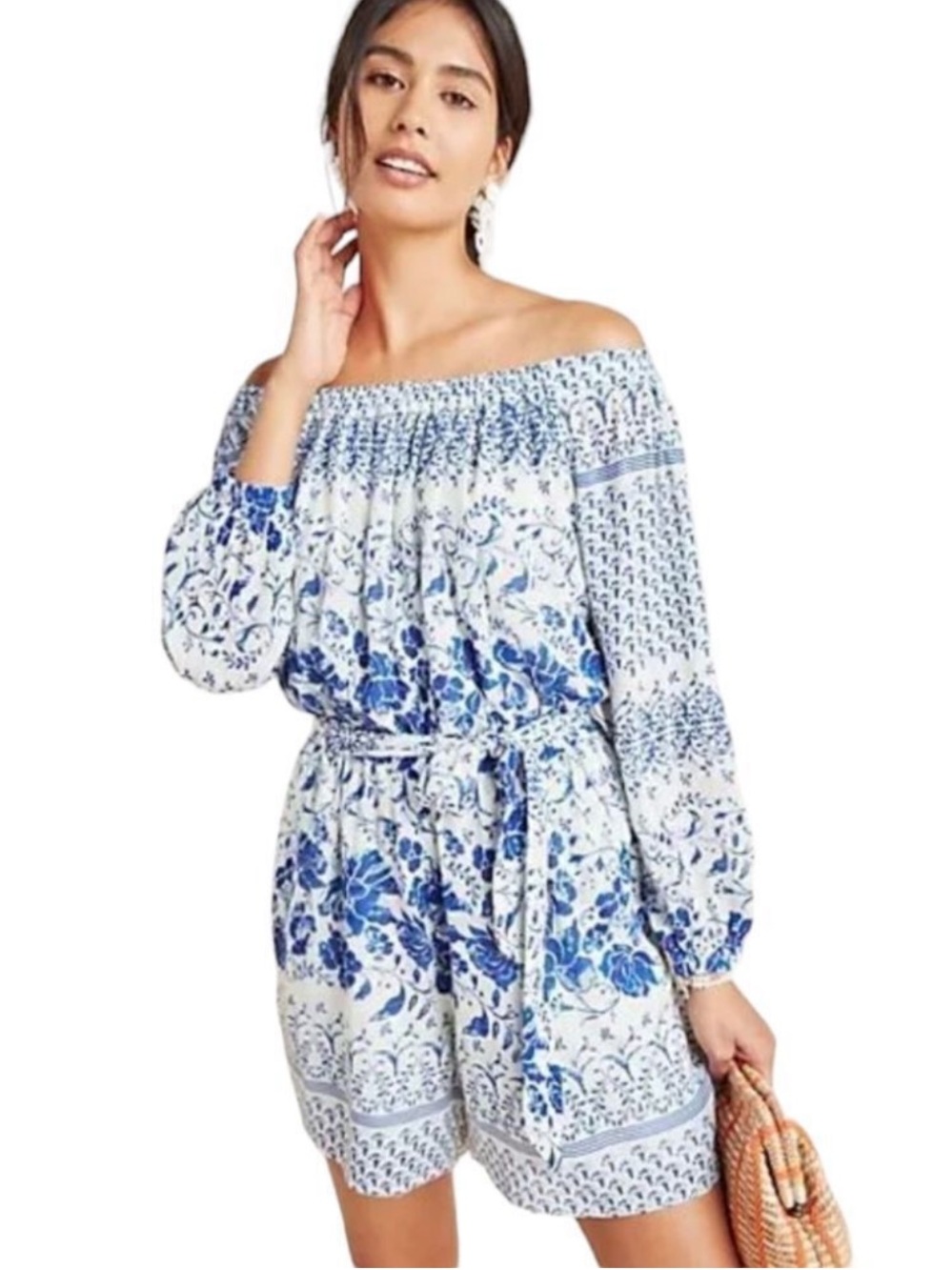 Anthropologie Clemente off the shoulder blue floral belted romper